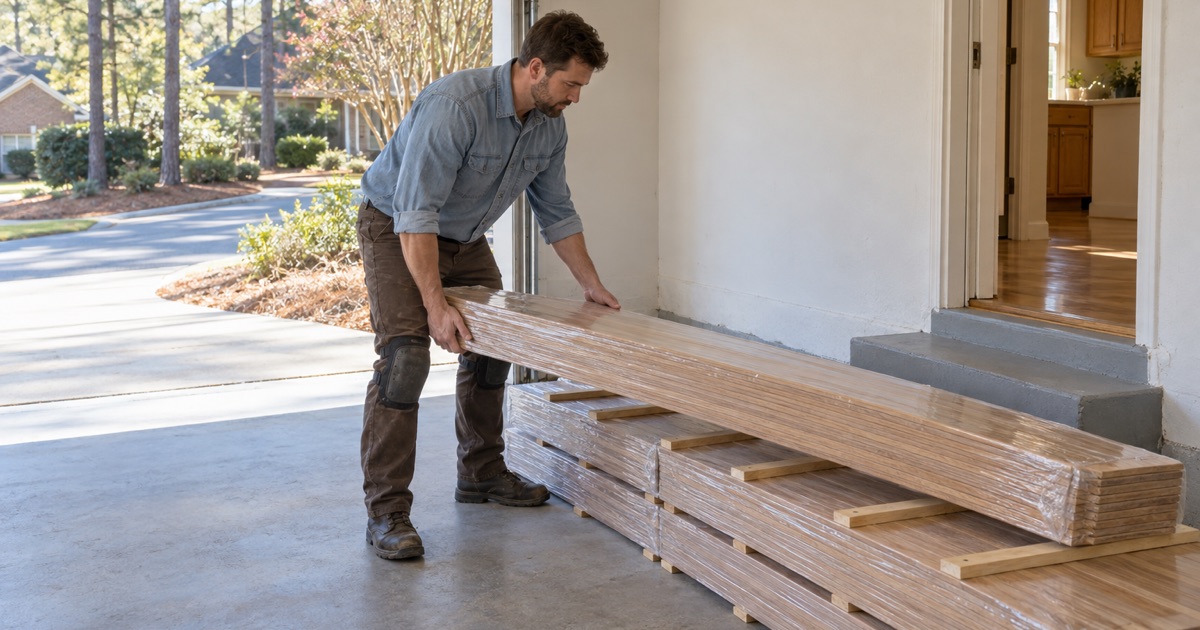 Worker stacking bundles of new oak flooring on spacer battens to acclimate in the garage of a Smyrna job site.