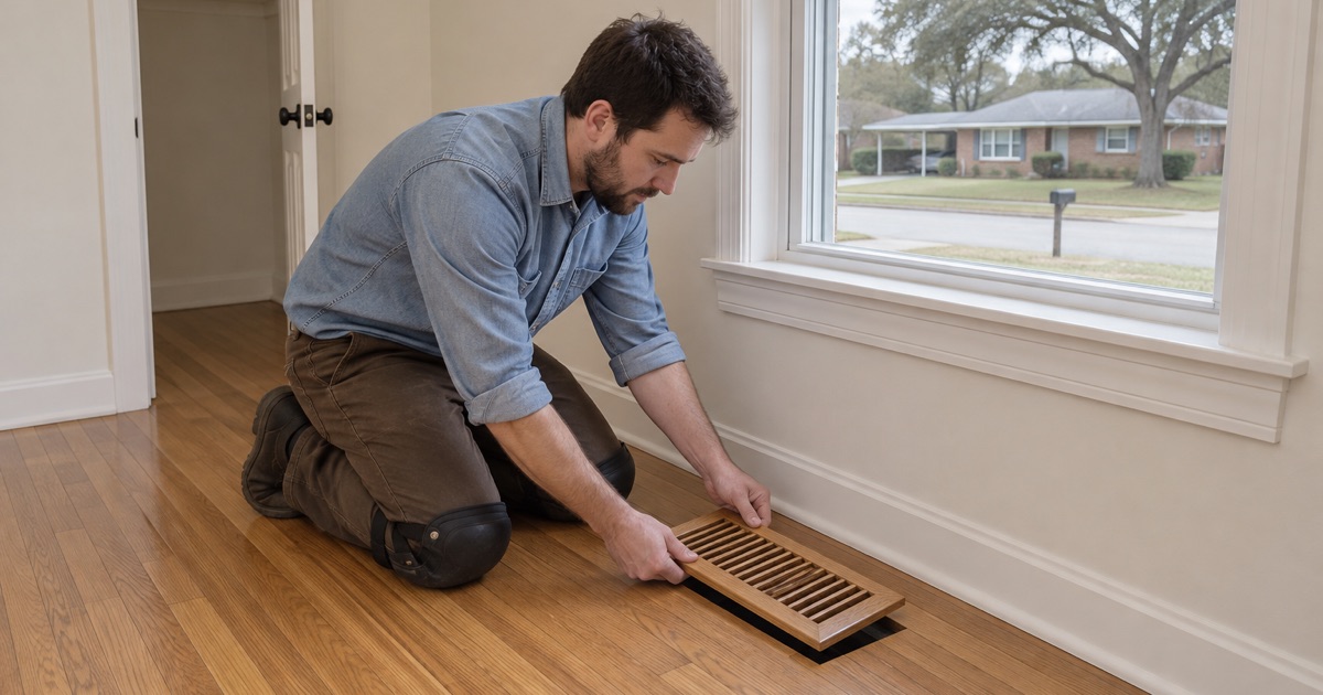 Worker setting a new flush oak floor register into its opening in a refinished floor in an older Smyrna house.