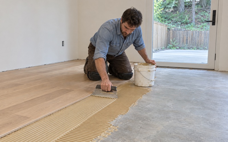 Worker troweling adhesive onto concrete before gluing down engineered hardwood in the ground-level room of a Smyrna townhouse.