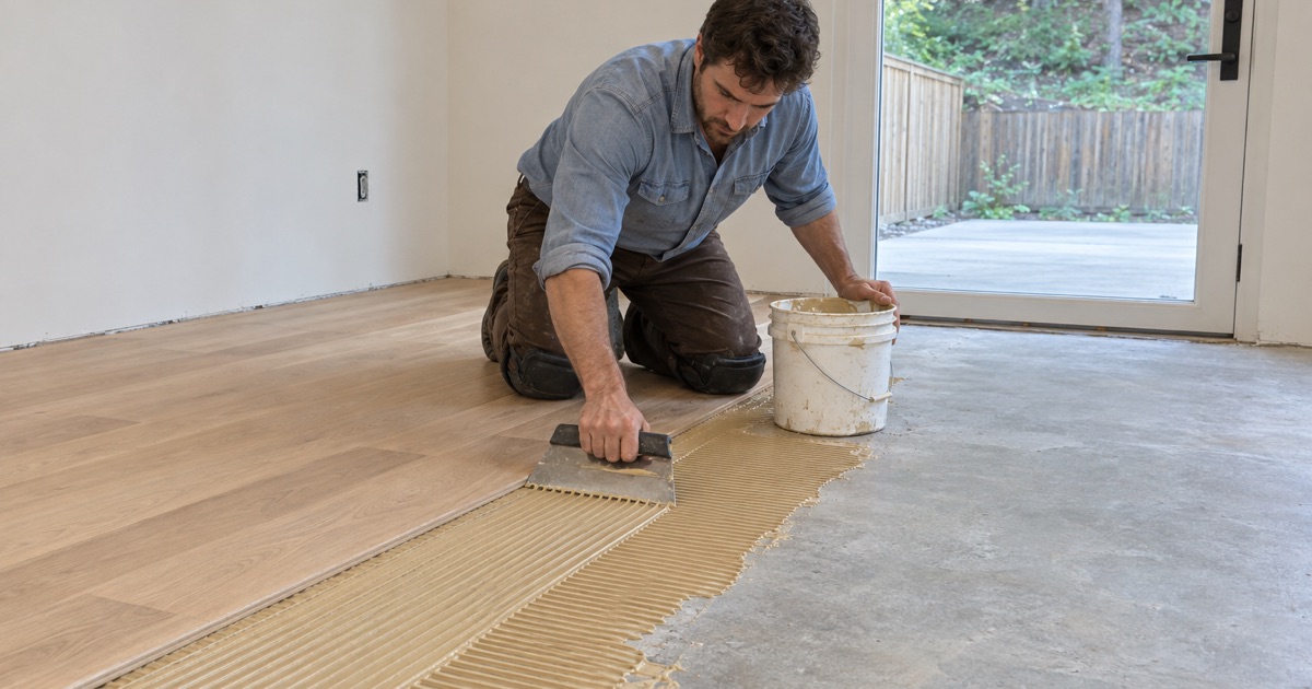 Worker troweling adhesive onto concrete before gluing down engineered hardwood in the ground-level room of a Smyrna townhouse.