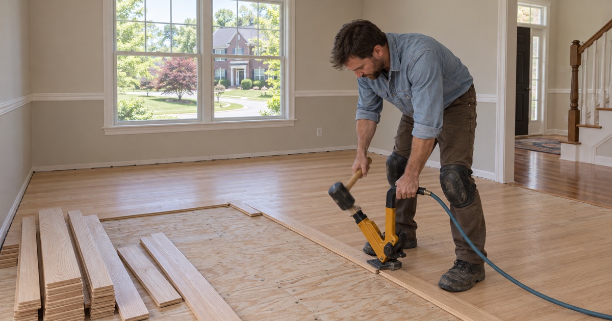 Worker striking a flooring nailer seated on the tongue of a new solid oak board in a Smyrna dining room.