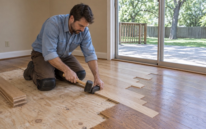 Worker tapping a new oak board into a laced repair where pet-stained boards were cut out of a Smyrna living room floor.