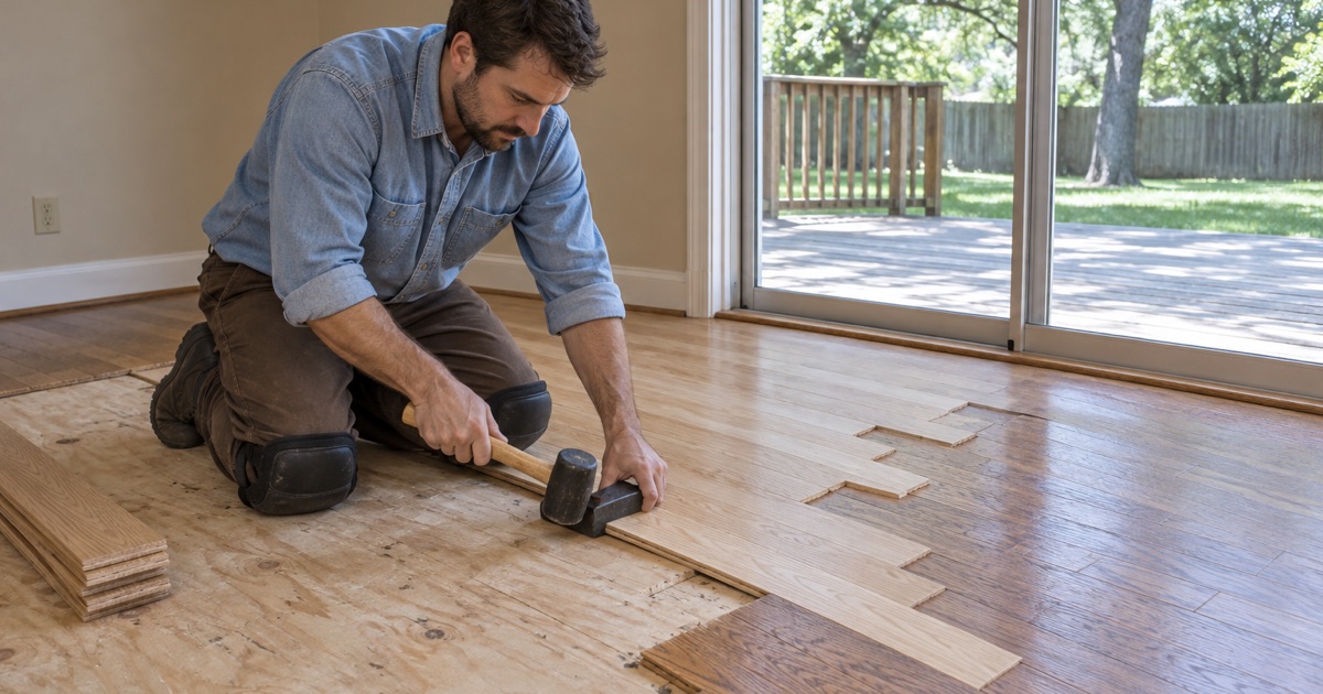 Worker tapping a new oak board into a laced repair where pet-stained boards were cut out of a Smyrna living room floor.