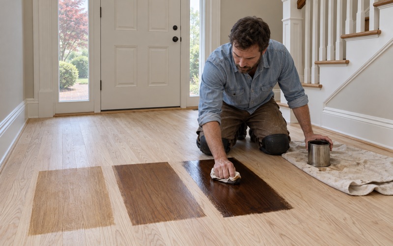 Worker wiping three stain samples side by side onto sanded oak so the owners of a Smyrna house can choose a color.