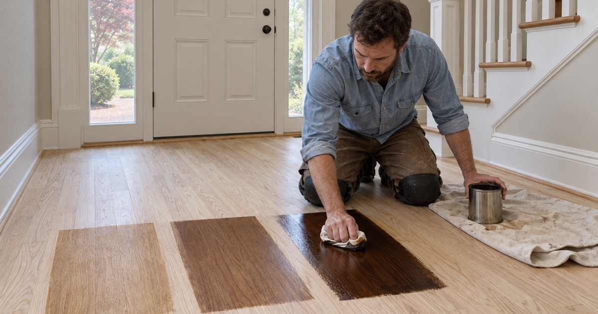 Worker wiping three stain samples side by side onto sanded oak so the owners of a Smyrna house can choose a color.