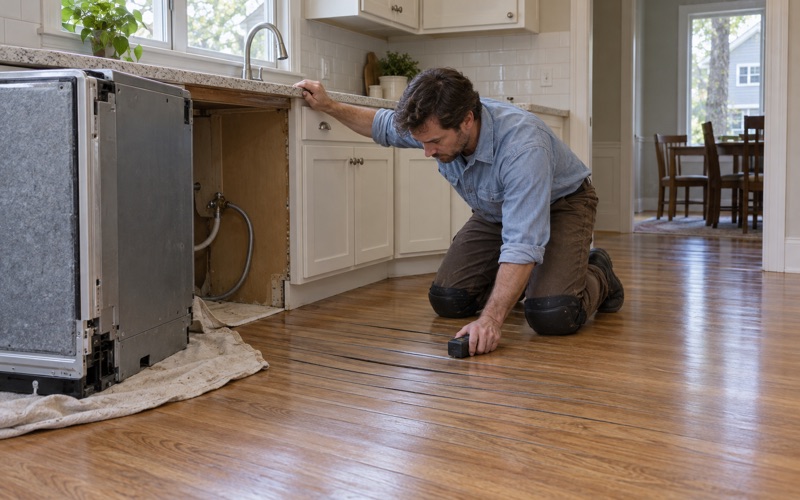 Worker pressing a moisture meter onto water-cupped oak boards beside a dishwasher in a Smyrna kitchen.