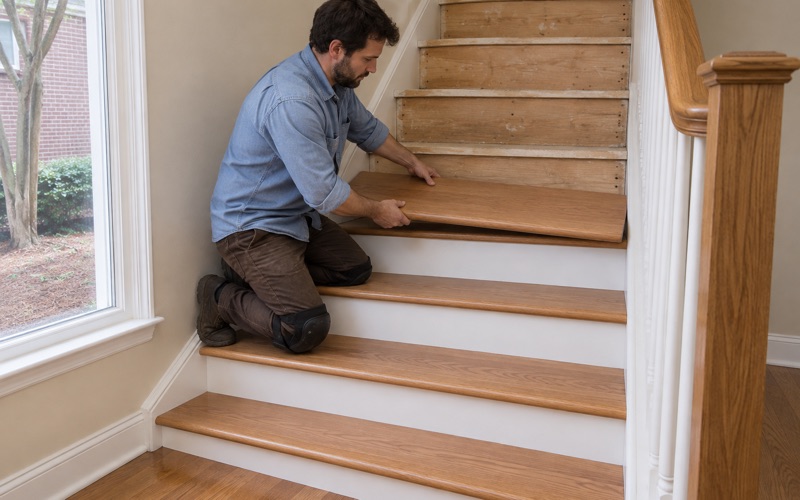 Worker fitting an oak retro tread with a rounded nose over an old step on the stairs of a Smyrna townhouse.