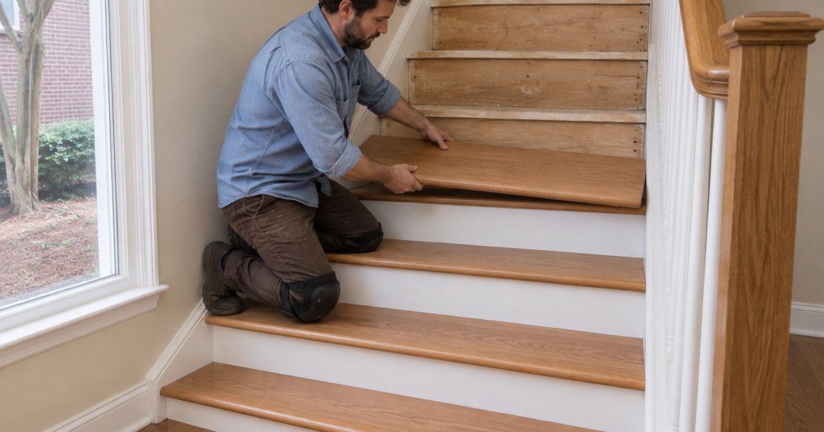 Worker fitting an oak retro tread with a rounded nose over an old step on the stairs of a Smyrna townhouse.