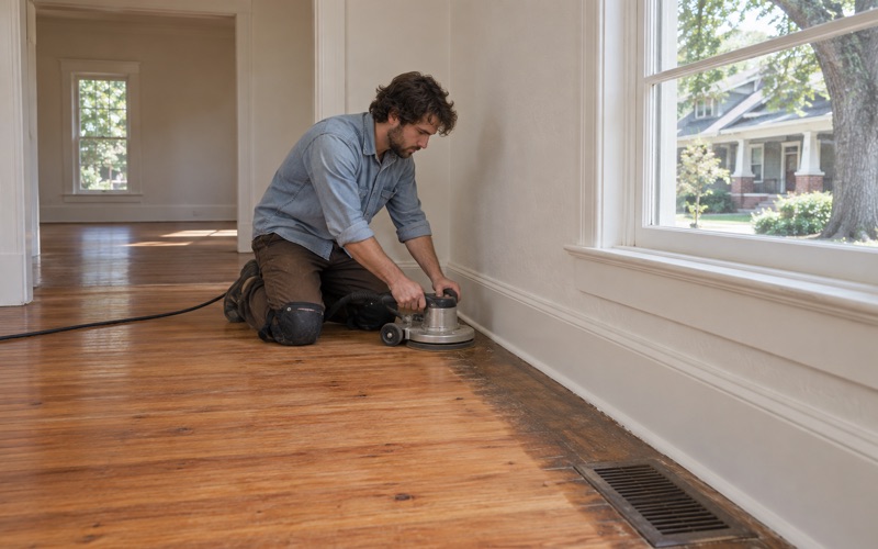 Worker running an edger along the wall of an old heart pine floor coming back to warm amber in an intown bungalow.