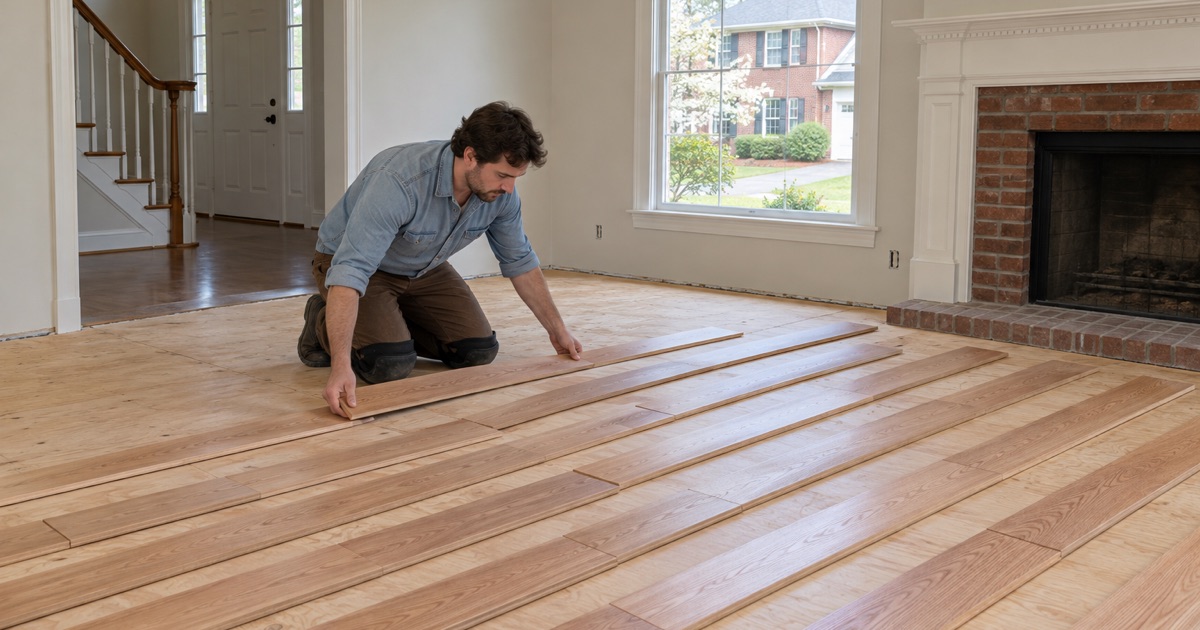 Worker racking out rows of new unfinished oak boards across a plywood subfloor in the living room of a Smyrna house.