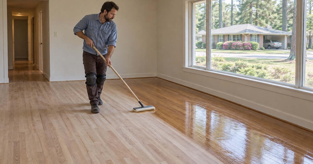 Worker drawing clear finish along freshly sanded oak strip flooring with a pad applicator in a Smyrna brick ranch.