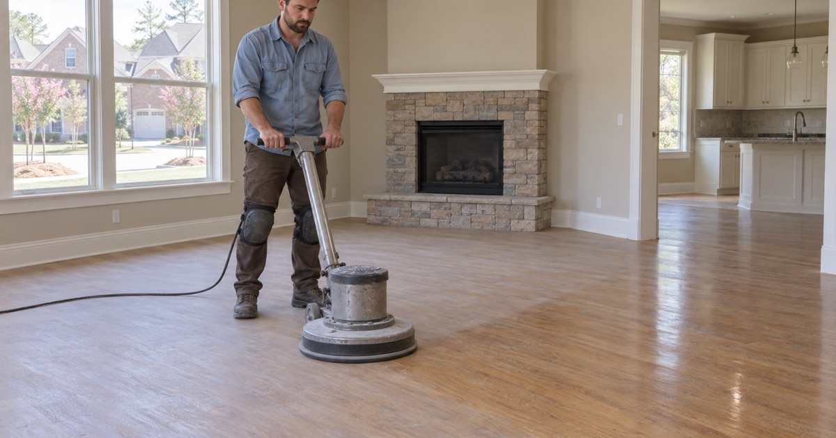 Worker running a floor buffer with a screening pad over a dull oak floor in the living room of a Smyrna subdivision house.