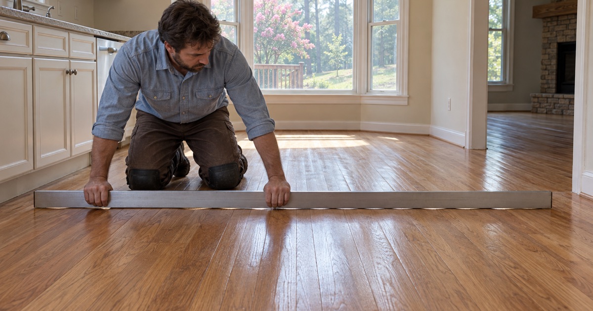 Worker laying a straightedge across crowned oak boards to show the hump in a Smyrna kitchen floor.