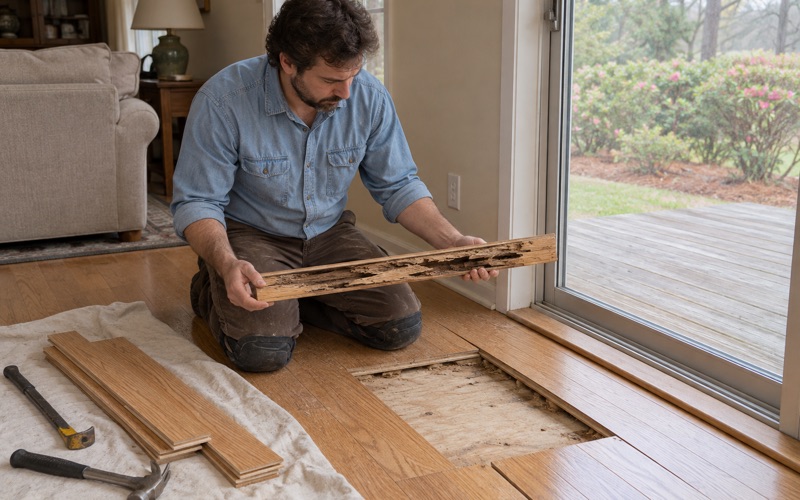 Worker lifting a termite-hollowed oak board out of a floor opening beside a sliding door in a Smyrna house after treatment.