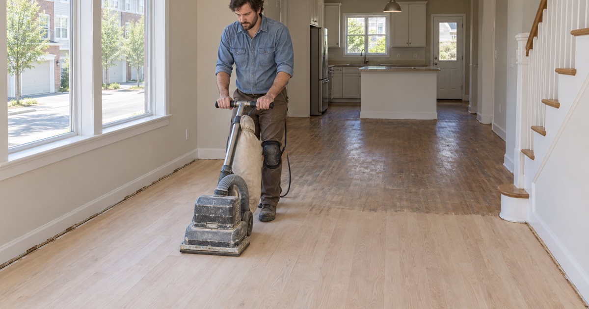 Worker guiding a square-pad sander across oak plank flooring on the open main level of a Smyrna townhouse.